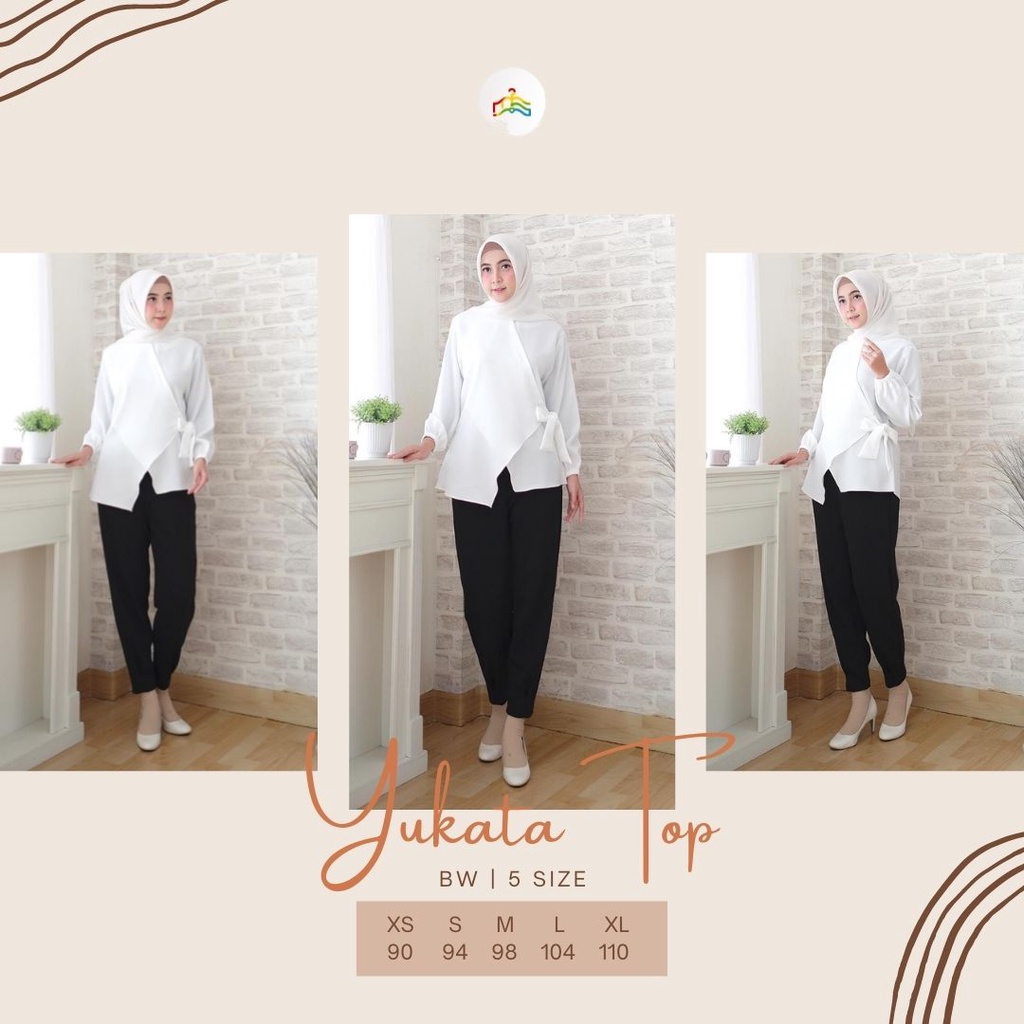 Modesee Atasan Putih Polos Wanita Muslim, Blus Layer Ikat Yukata Bahan Diamond M1154, Blus Hitam Pol