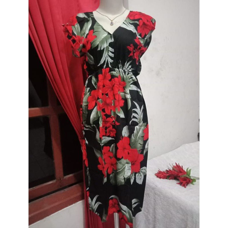 DASTER BALI MANOHARA BAJU TIDUR MOTIF JEPUN BUNGA KINANTI BALI KEKINIAN RAYON WARNA WARNI-Merah