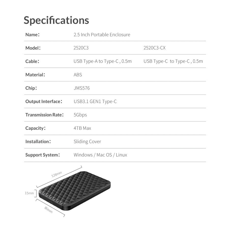 ORICO HDD SSD Casing / Enclosure 2.5&quot; USB-C to USB-C 3.1 - 2520C3-CX