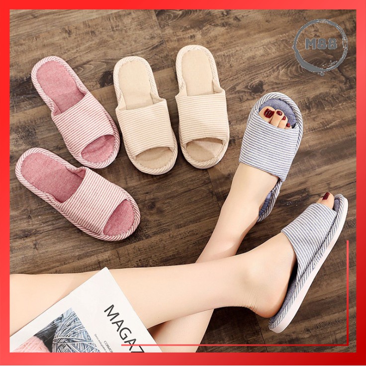 MARKAS88 Sandal Rumah Empuk Anti Slip Sendal Rumah Model Garis Bahan Flanel Slipper Rumah