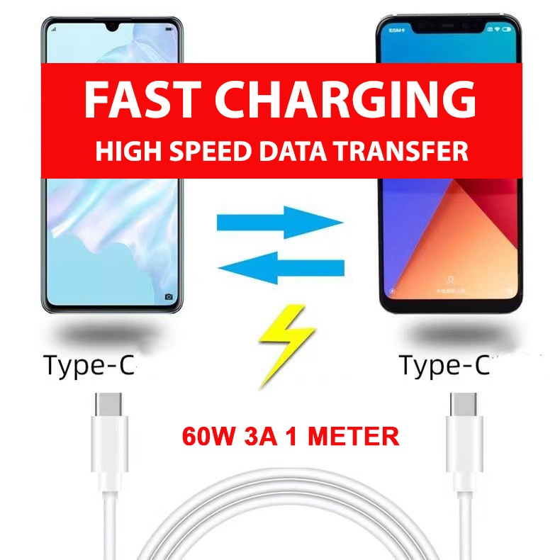 Kabel Data Kabel Charger Kabel Chasan Super Fast Charging 3A 60W MM C-C panjang 1 Meter