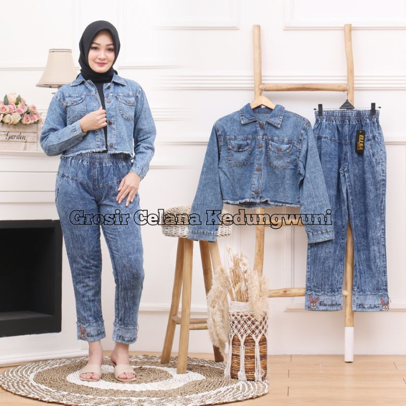 Julizar set 2 Celana panjang jeans High Waist dan Jaket jeans Julizar 2 set Setelam Wanita Jaket jea