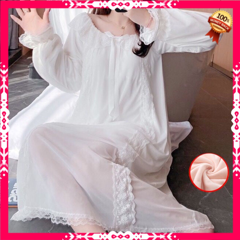 Baju Tidur Wanita Dewasa Import Winter Velvet Women Lolita Dress Princess Sleepwear Lace Mesh Peigno