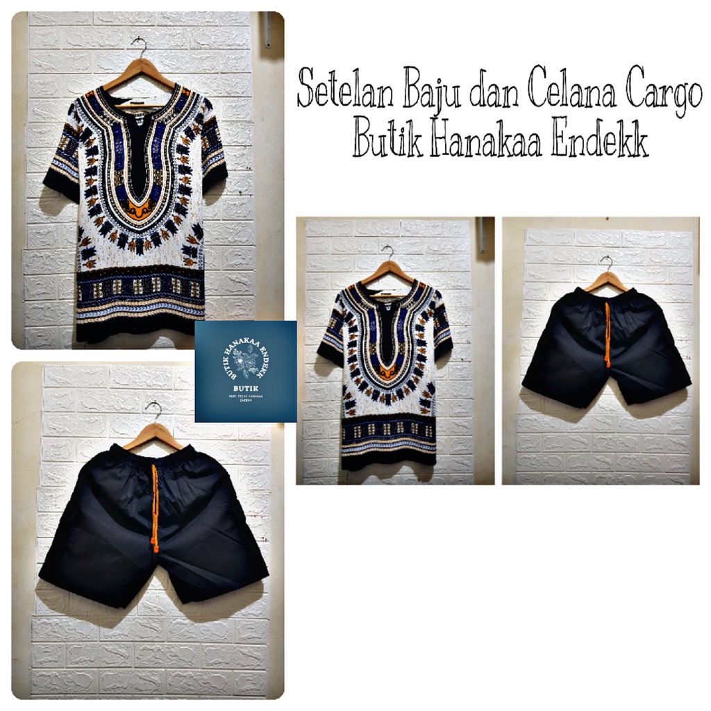 Setelan Baju dan Celana Cargo Etnik Dashiki Putih Lama Pria/Wanita (Unisex)