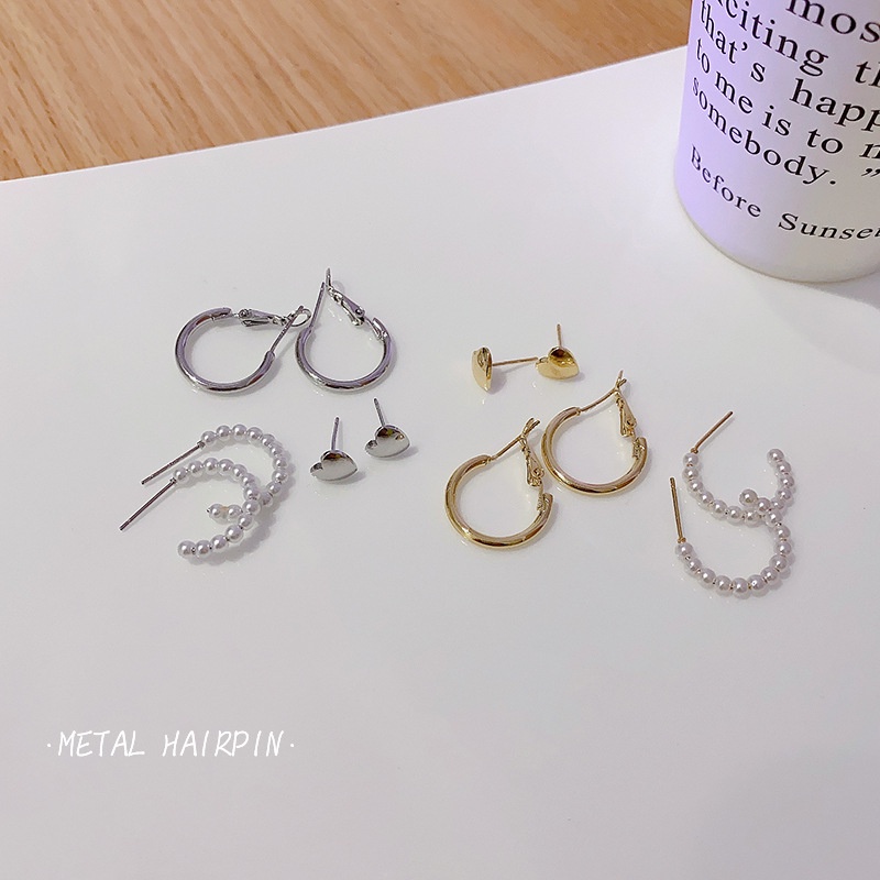 YEEZII 6pcs / Set Anting Stud Bentuk Hati Kecil Warna Emas Perak Aksen Mutiara Untuk Wanita