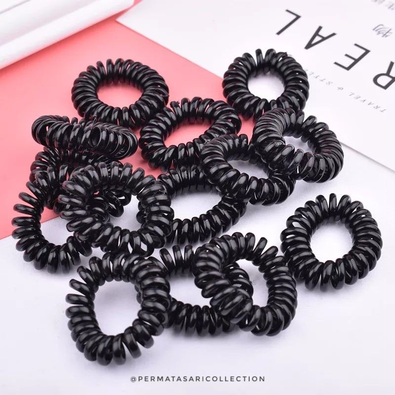 Ikat Rambut Elastis / Kunciran Spiral / Kuncir Kabel Telepon / Hair Ties Telephone Hitam Kecil Besar