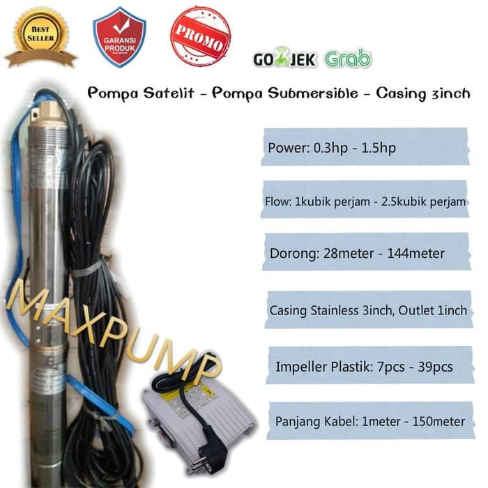 MAXPUMP 3SDM 1/21-0.55 KABEL 70M Mesin Pompa Satelit Kabel 70Meter 0.75HP Stainless Submersible Maxpump Cassing Stainless Berkualitas