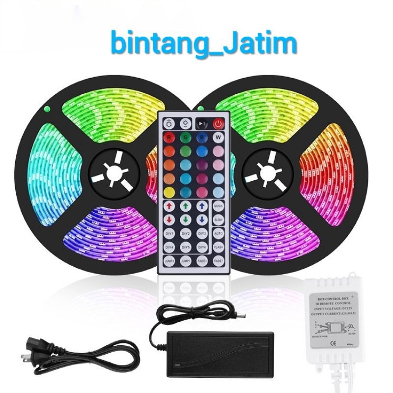 LED  STRIP RGB 5050 WARNA WARNI IP44 10M AC 220V + ADAPTOR + REMOTE 5050 (LAMPU TIKTOK)