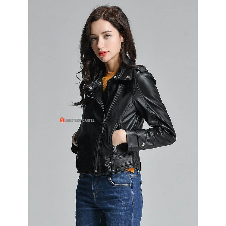 JNK x MALENA - Jaket Biker Motor Wanita Bahan Semi Kulit Sintetis Viena Faux Synthetic Leather Jacket Women Premium Original Branded Cewek Perempuan Ladies Girls Korea KPOP Style Acara Pesta Winter Autumn Outif Outwear Hijab Slim Fit Short Pendek Coat ORI