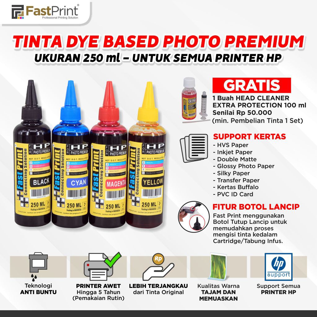 Tinta Dye Based Photo Premium HP 1 Set - 4 Warna - 250 ML