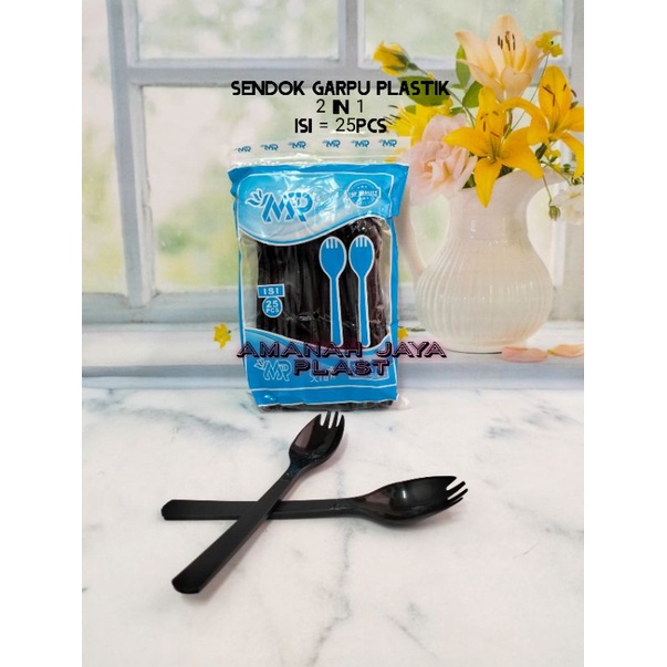 (25pcs) Sendok Garpu Plastik 2 in 1 / Sendok Garpu Makan Hitam 2 in 1