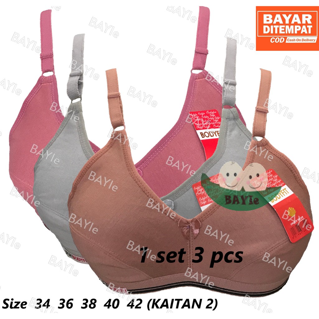 BAYIe - 3 Pcs BH/Bra Wanita Sport Tanpa Kawat BODYFIT / SHAKILA List Karet Bahan Katun Pakaian Dalam Perempuan