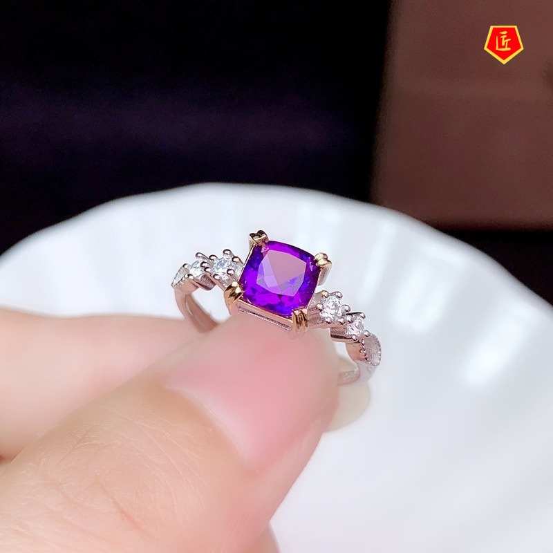 [Ready Stock]Elegant Creative Amethyst Square Diamond Ring for Women