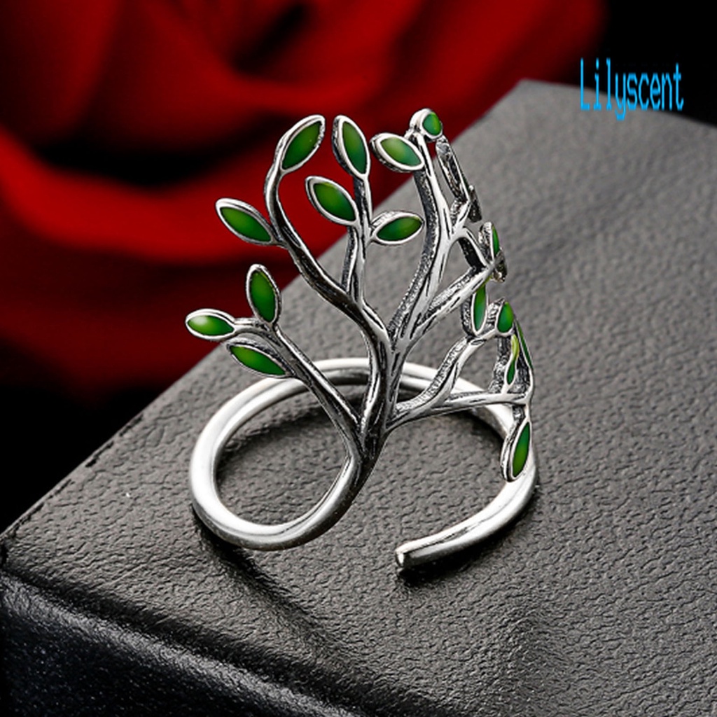 Lily Cincin Model Terbuka Adjustable Desain Ranting Daun Hijau Bahan Tembaga Untuk Priawanita