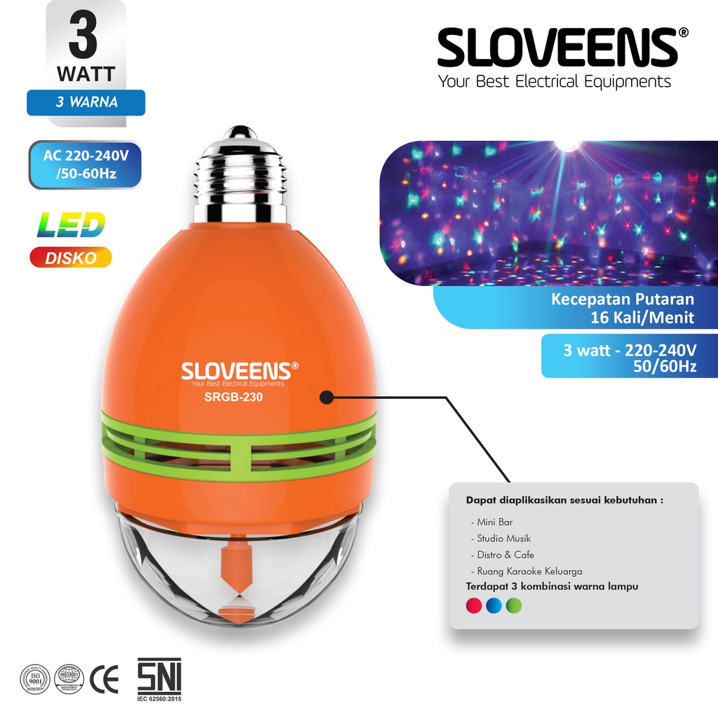 [COD] Lampu Disco Putar Merk Sloveens Original Import Ber SNI Resmi ! Full Colour Rotating Party Lamp LED Pesta Disko Warna Warni Fitting Bohlam FREE ONGKIR