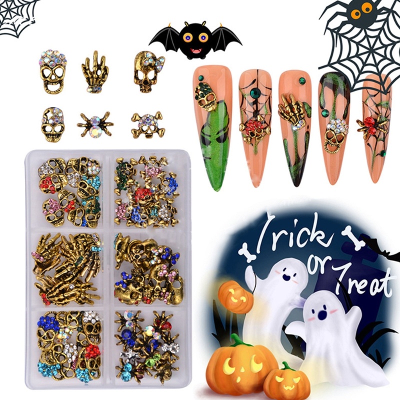 Charms Nail Art 3D Bentuk Tengkorak Laba-Laba Hantu Halloween Dengan Berlian Imitasi Untuk Kerajinan Kuku