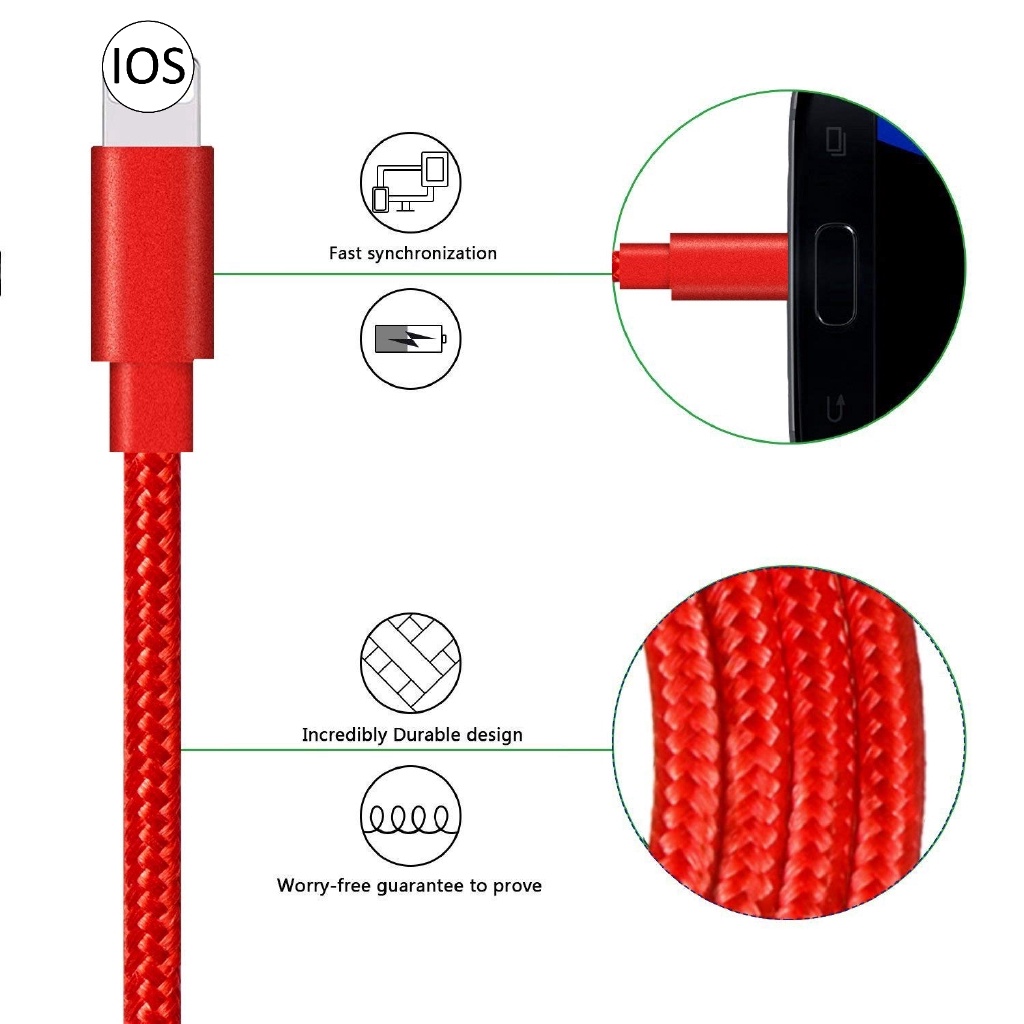 Fast Charger Kabel USB Data Nylon 1M 2M 3M Sync Line Braided Fast Charging Kompatibel Dengan iphone XS X5 6 6S 7 7Plus 8plus Kabel USB Cord