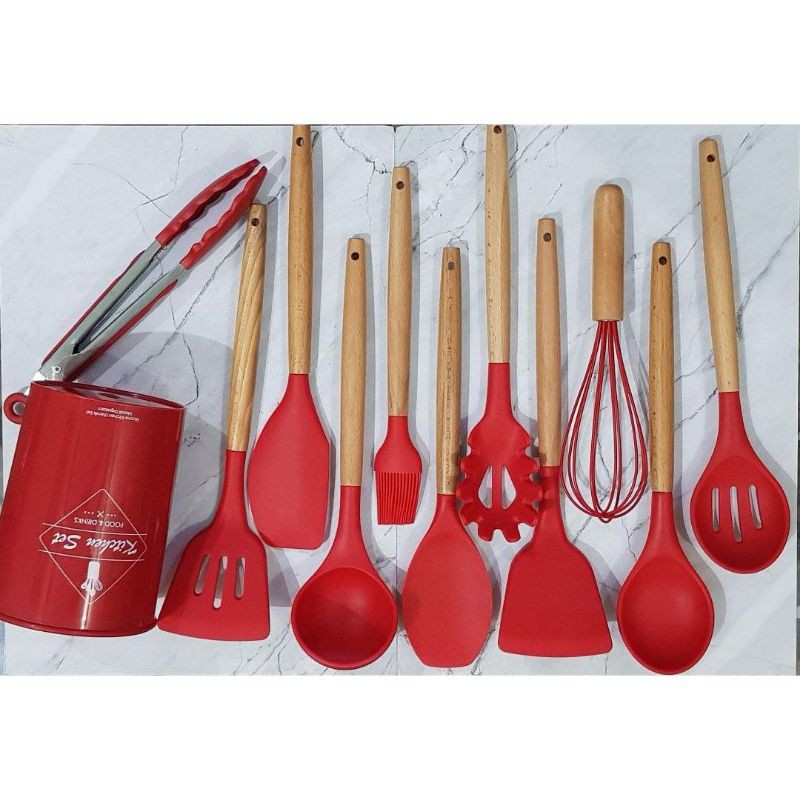 12pcs silicone cooking utensil spatula with wooden holder /alat masak silikon