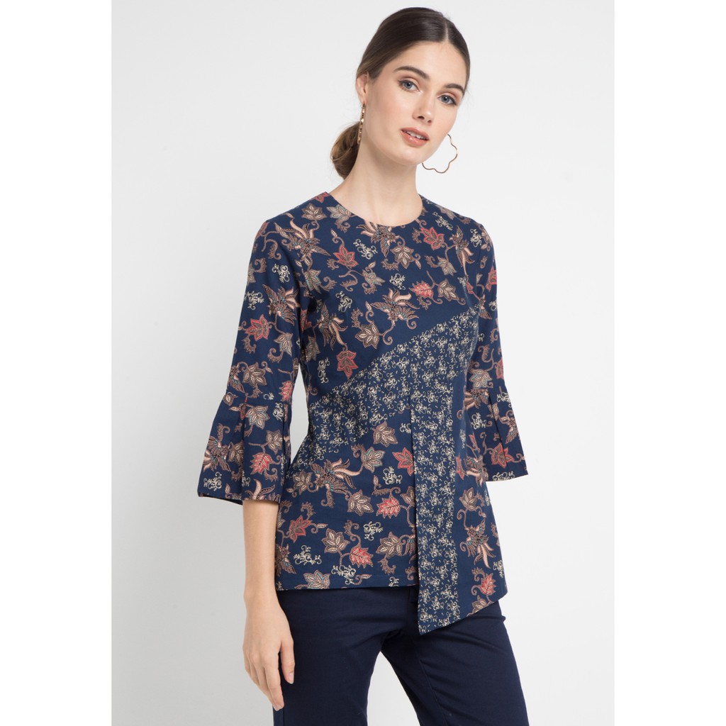 Arjuna Weda Blouse Batik Wulu Daun - Biru | Shopee Indonesia