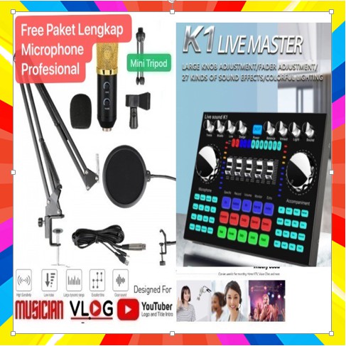 MIC-005 PAKET E SOHA K1 Sound Card Live Condenser Free Microphone Prof