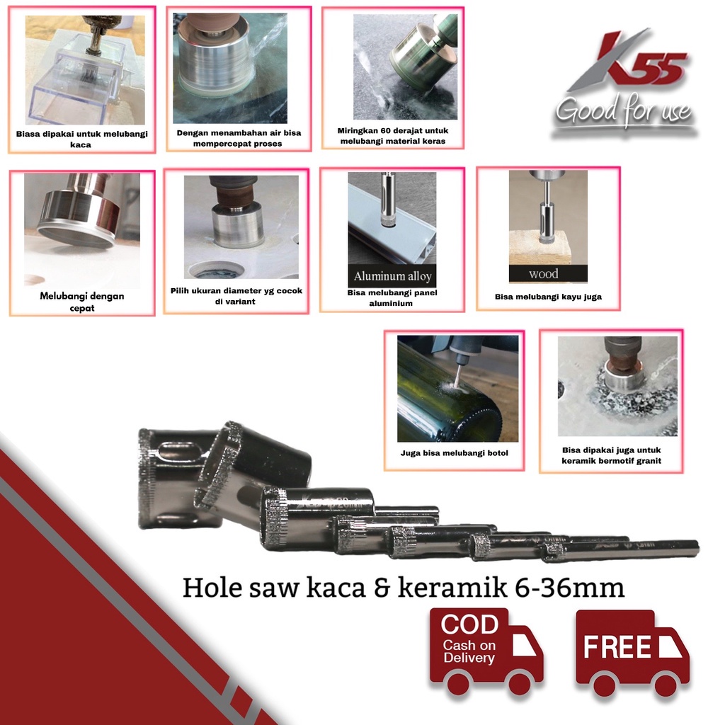 K55 Mata bor Hole Saw Holesaw Kaca & Keramik - Plating Diamond Core Drill