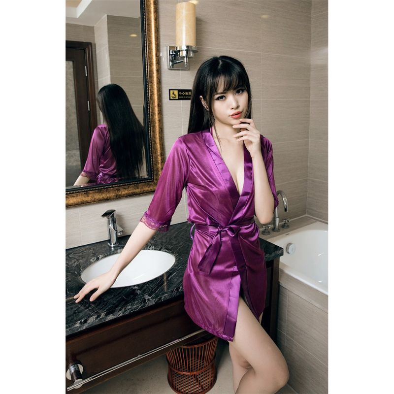 lingerie sexy kimono satin import wanita dewasa LD ungu