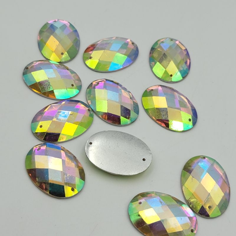 DIAMON RESIN KRISTALMOTIF OVAL BULAT RATA UKURAN 18X25 WARNA PUTIH PELANGI AB KUALITAS BAGUS DAN KILAU PER LUSIN