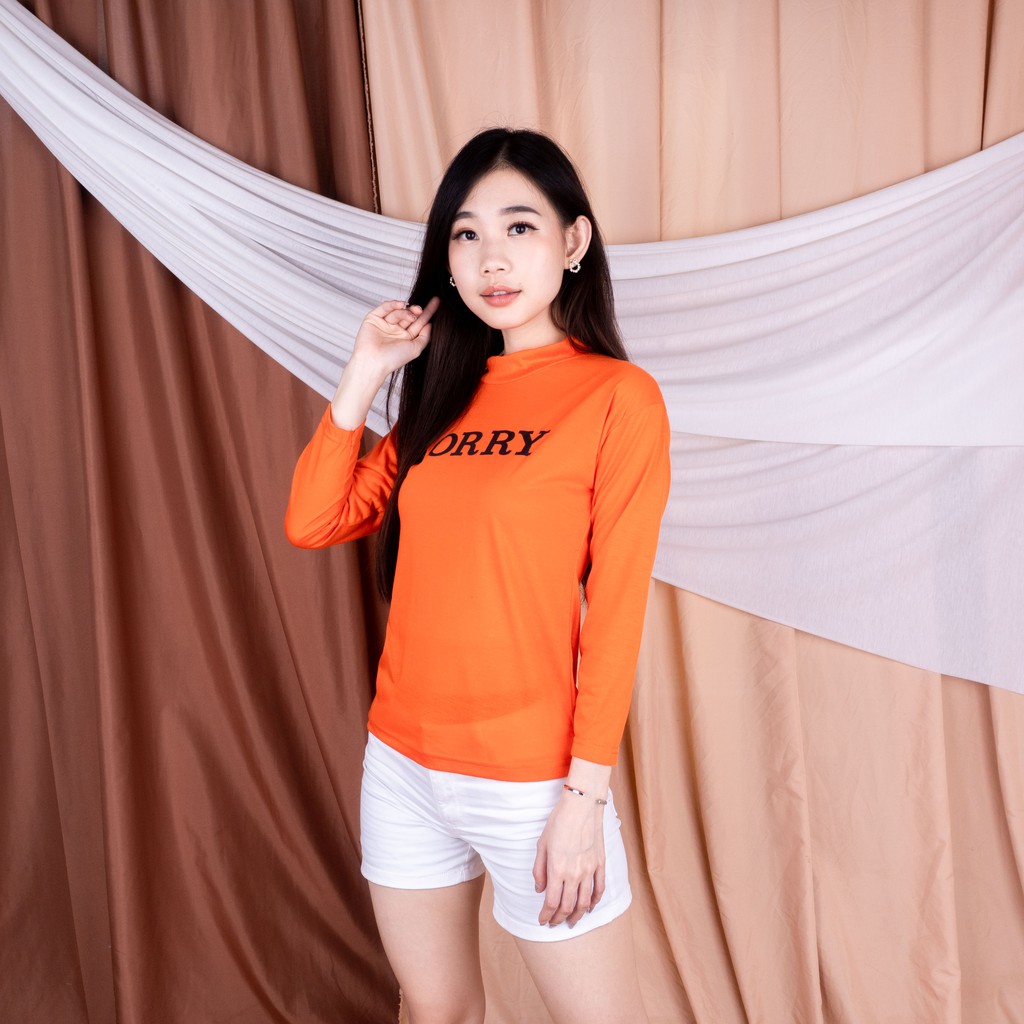 VS - LONGSLEVEE T-SHIRT HIGHNECK WANITA SORRY ORANGE - KAOS TURTLENECK WANITA KERAH TINGGI