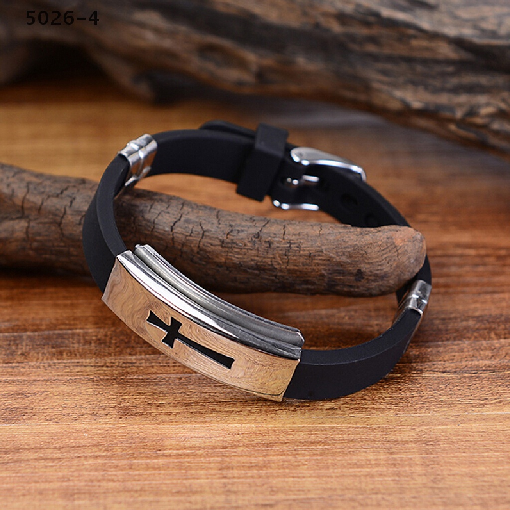 5026-4 Men Fashion Silver Cross Stainless Steel Black Rubber Bracelet Bangle Wristband 5026-4