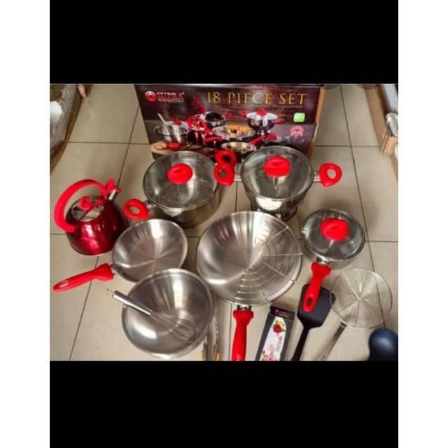 Panci Premium cookware Panci supra set 18 pcs warna ss merah