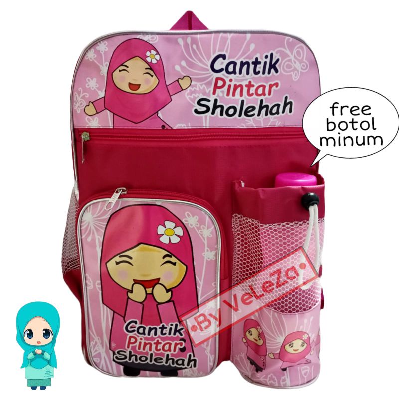 Tas anak ransel perempuan muslimah gratis paket pinsil jam tangan botol minum - tas anak