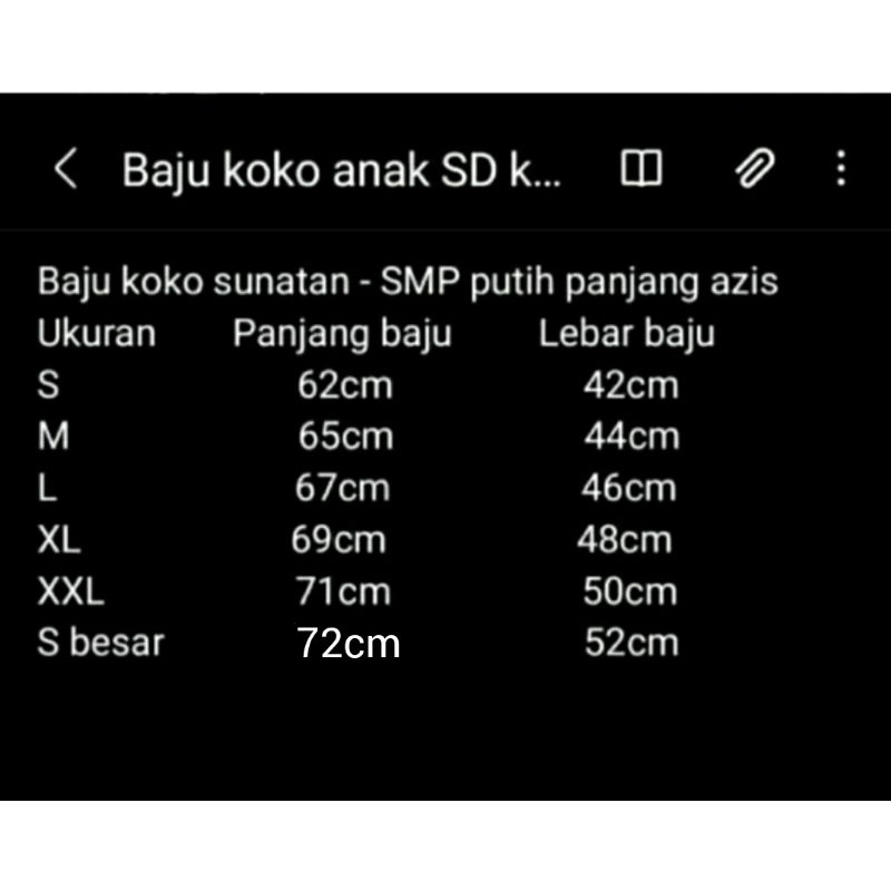 Baju koko putih lengan pendek ukuran SD/SMP