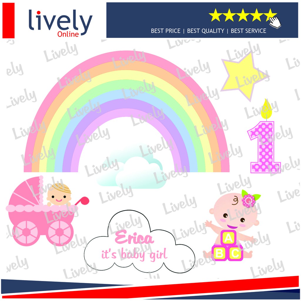 CUSTOM NAMA CAKE TOPPER KARAKTER HIASAN KUE ULANG TAHUN HAPPY BIRTHDAY BABY GIRL RAINBOW set