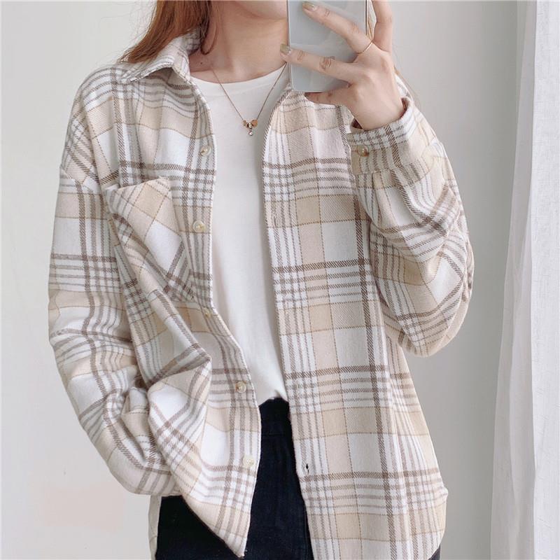 Kemeja kotak-kotak wanita Korea retro lengan panjang longgar top coat