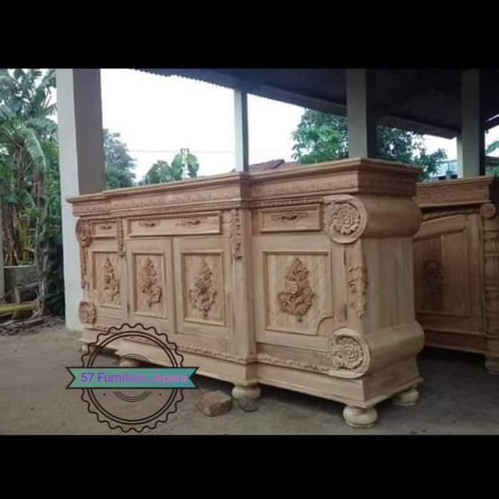 Lemari pendek jati hias ruang tamu - buvet meja Tv ukir mentahan