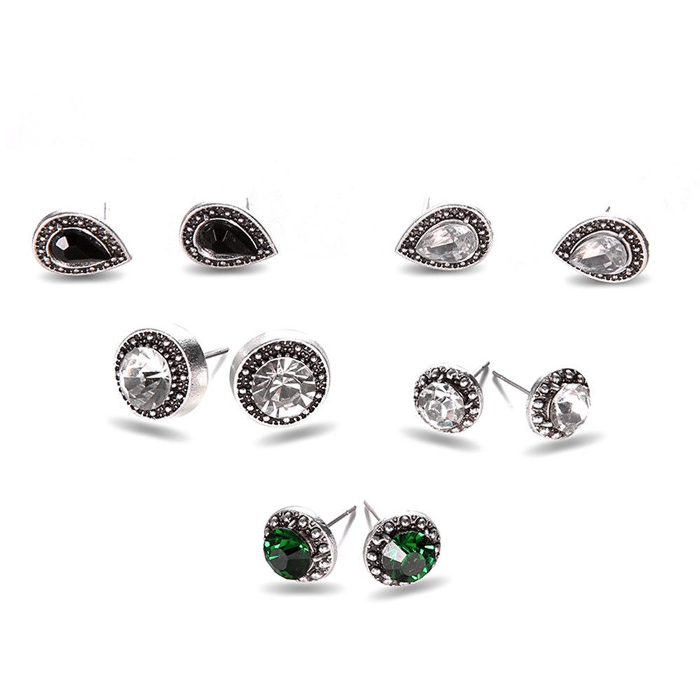 5 Pasang / Set Anting Tusuk Batu Permata Cubic Zirconia Bentuk Tetesan Air Warna Hijau / Hitam