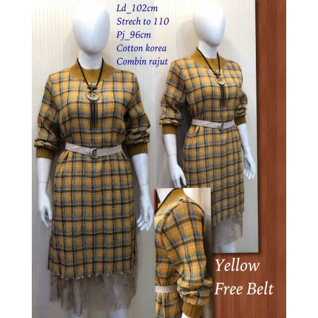 MAXI DRESS MOTIF KOTAK KOTAK BAHAN  COTTON KOMBINASI RAJUT IMPORT