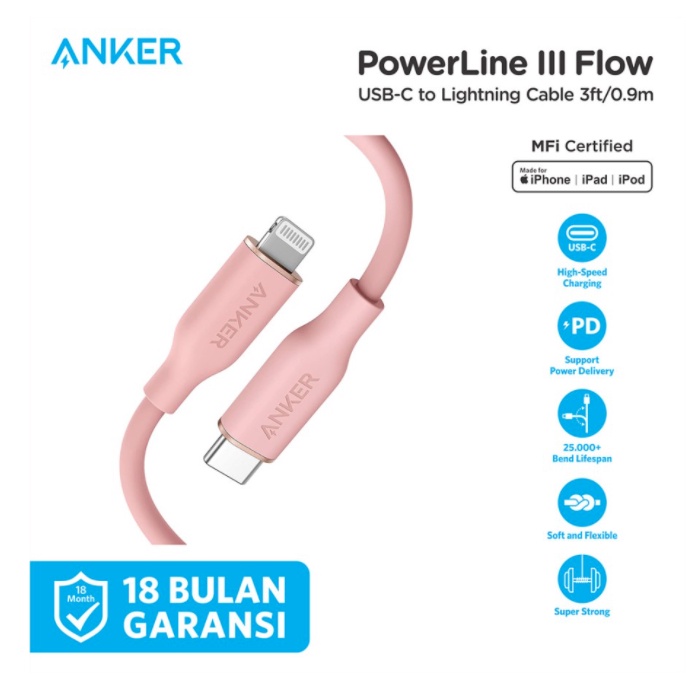 Anker Kabel Charger Powerline III Flow Type C to Lightning 3ft - A8662