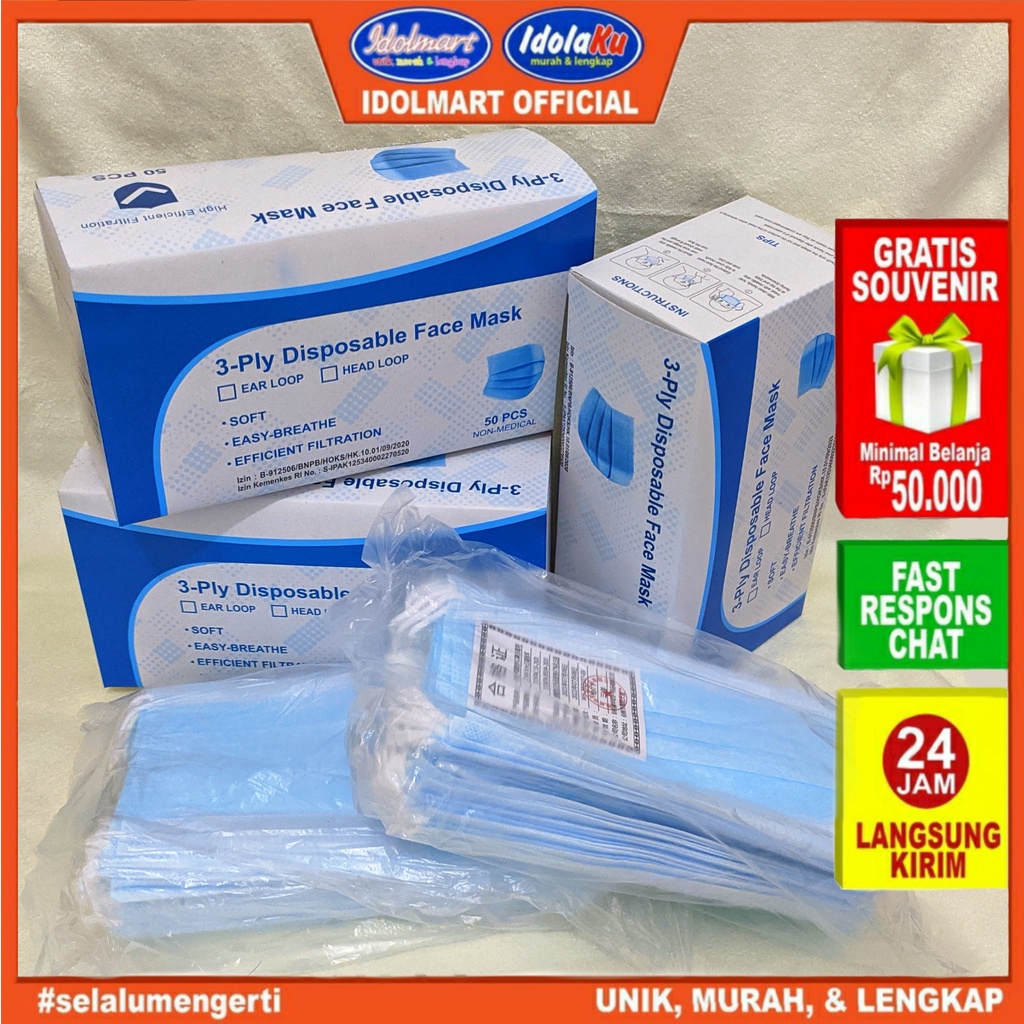 IDOLMART Masker Disposable Earloop 3 PLY isi 50 Pcs/Anti Bakteri Masker Surabaya