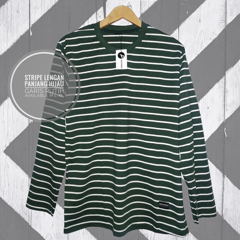 Kaos Stripe Salur Pria Wanita Lengan Panjang Hijau Garis Putih
