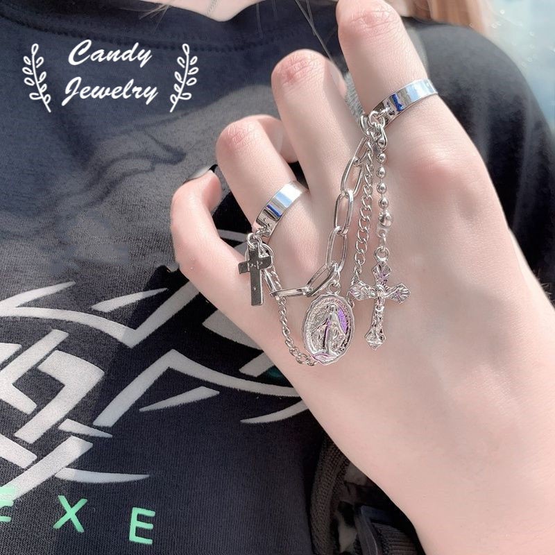 Double Finger Chain Ring Charm Hip-hop Cross Bracelets Open Ring Men &amp; Women Wave Trendy