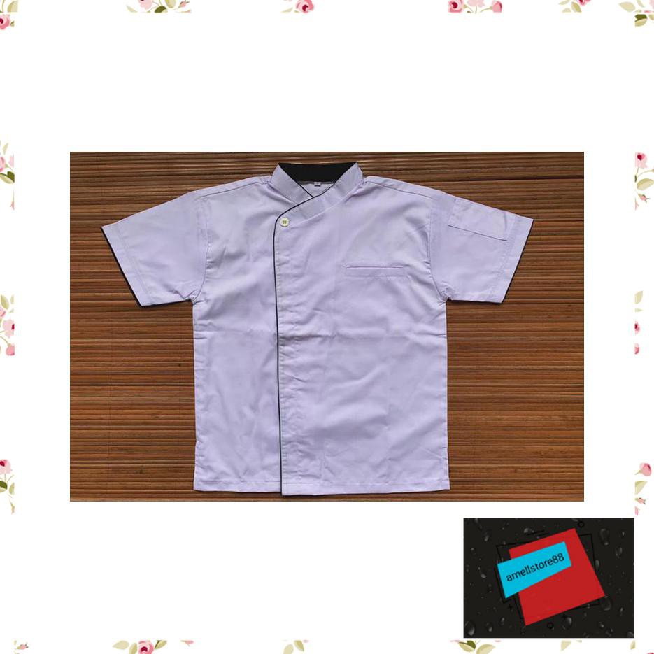 Jaket Pria parasut parka gunung Chef  Baju Koki lengan pendek buttonless putih hitam WE155