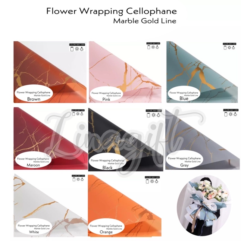 ( 5 Lembar ) MARBLE GOLD LINE - FLOWER WRAPPING PAPER KOREAN PLASTIC CELLOPHANE WATERPROOF -  KERTAS BUNGA BUKET FLORIST LIS EMAS ABSTRACT