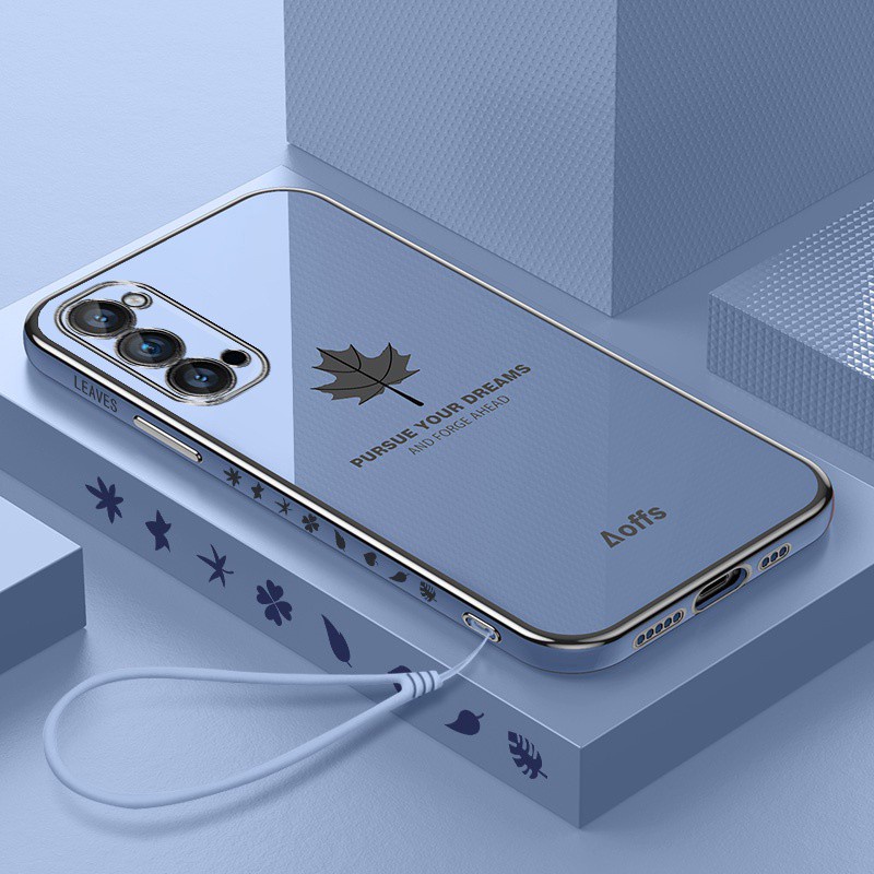 【Lanyard】Ultra-thin plating Case OPPO A16 A54 RENO4 REALME 8 PRO 7 5 C11 C17 C15 5i 6i C3 7i Luxury Maple Leaf Square Liquid Cover-grey