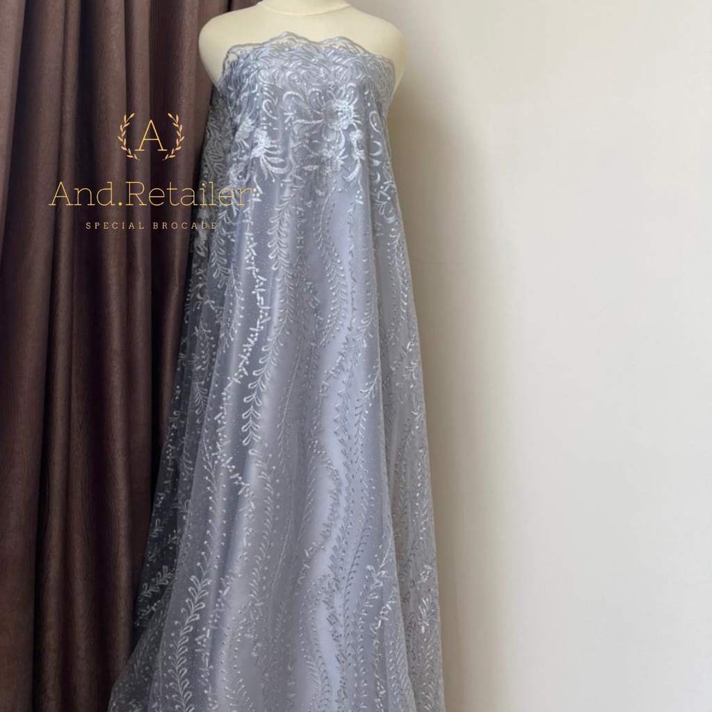 Kain Brokat Tile Mutiara Gloria Warna Silver Abu