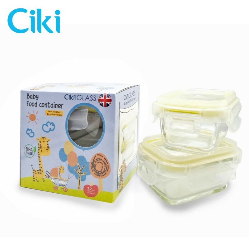 Ciki Glass Food Baby Container LIST KUNING POLOS dan ADA TAKARAN MILI. Wadah kaca MPASI 150ml. ECER 