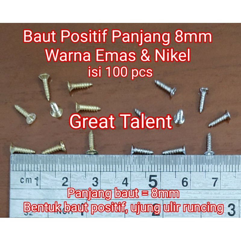 100 pcs Baut 8x2 Emas Gold atau Nikel Silver - Baut Positif Panjang 8mm - Mur 8x2 - Great Talent