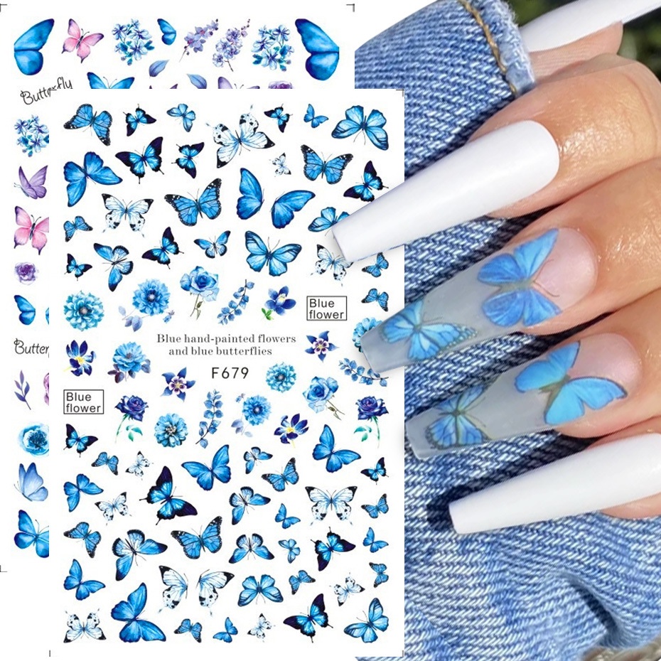 [ 1Pc Watercolor Butterfly   Blue Flowers Nails Stickers Art Decorations Nail Makeup Tools for Girls ]