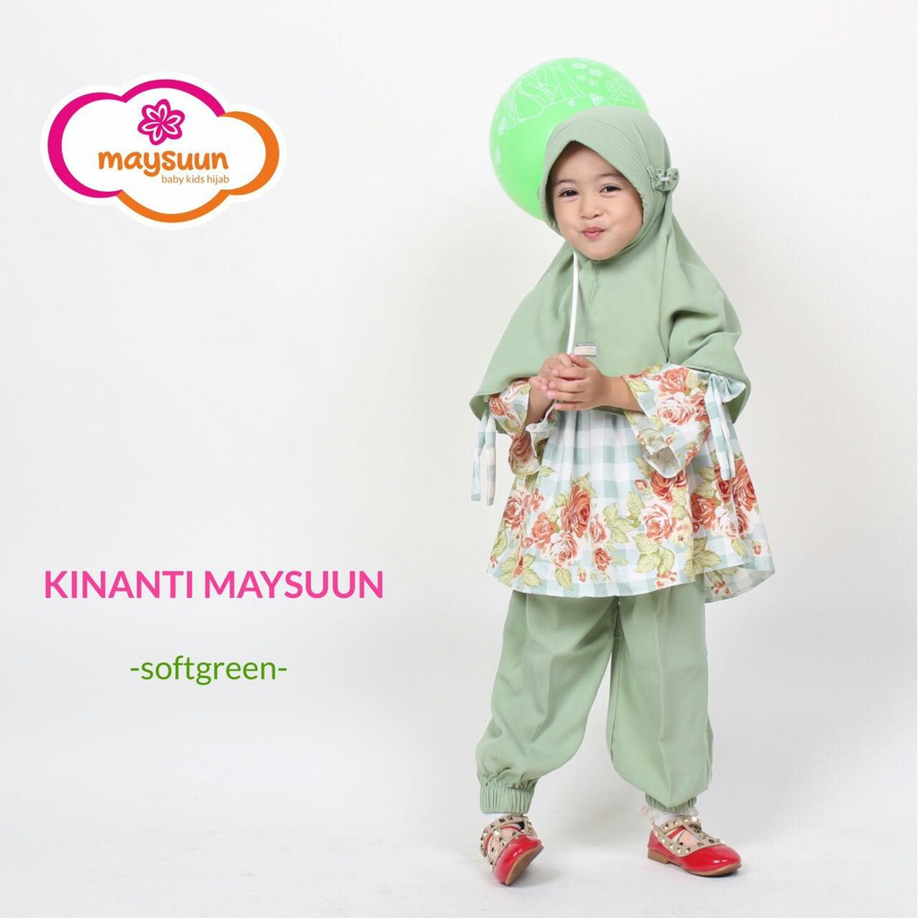 SET ANAK KINANTI SOFT GREEN MAYSUUN OXFORD CREPE AND WOLLYCREPE CALTRY MOTIF BUNGA WARNA