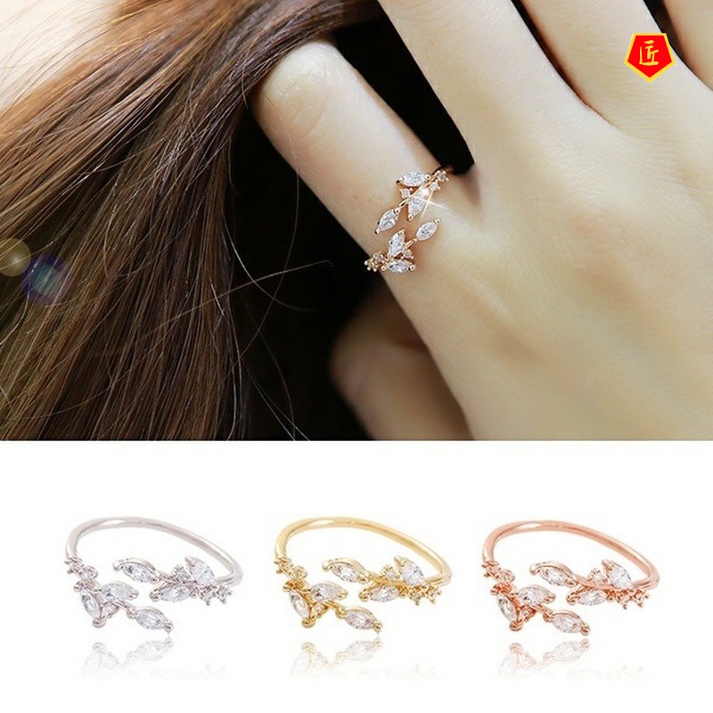 [Ready Stock]18K Gold Diamond Leaf Ring Temperamental Simple Personalized